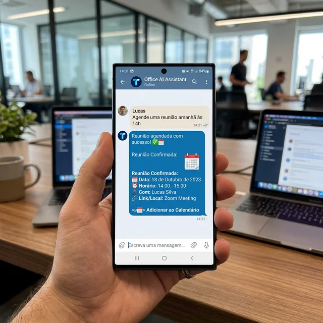 Interface do Telegram em um smartphone mostrando uma interação instantânea com o bot assistente, organizando uma reunião.