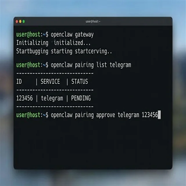 Comandos de pareamento ocorrendo via terminal, incluindo openclaw gateway e as listagens e aprovações do Telegram.