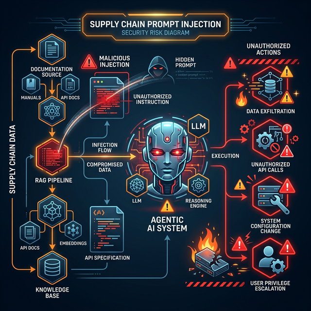 Infográfico mostrando os perigos do Supply-chain Prompt Injection na segurança de aplicações baseadas em IA agentéica.